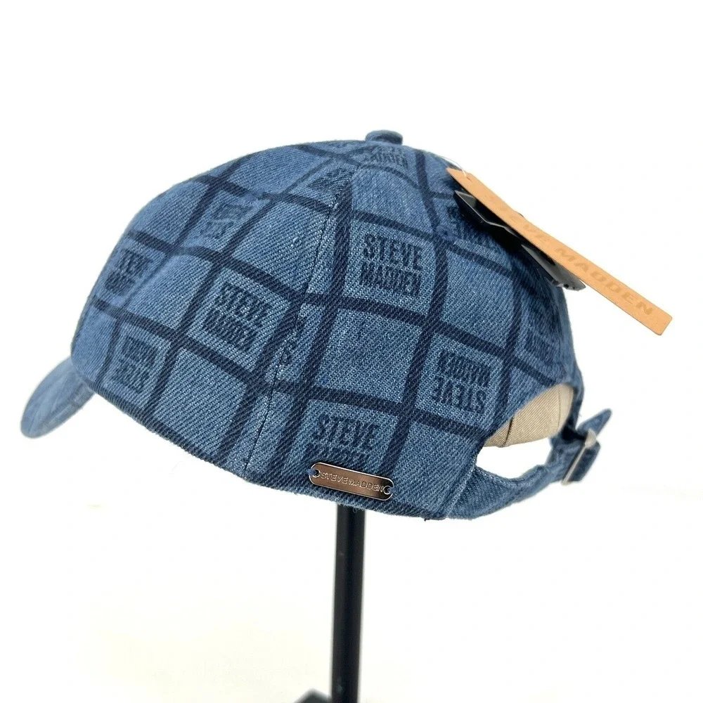 Steve‎ Madden Dark Denim Baseball Hat Womens Multi-Logo Strapback Hat Blue NWT